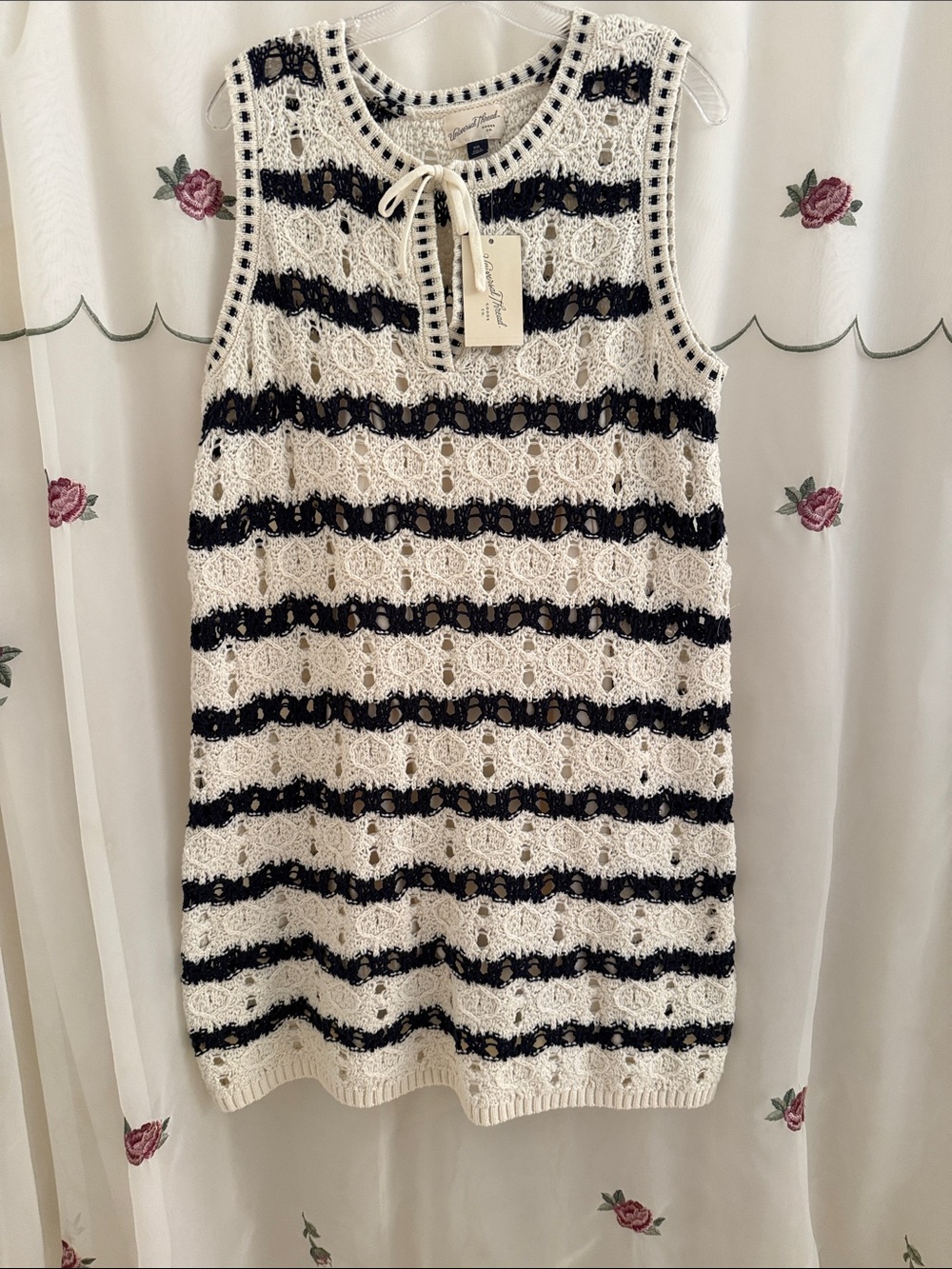 Universal Thread Cream and Navy Crochet Stripe, Fully Lined, Sleeveless Dress